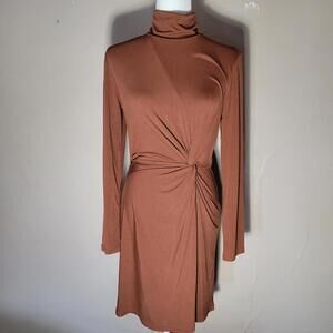Retro Rust Long Sleeve Turtleneck Dress w Waist Knot Detail Size Large - Cider